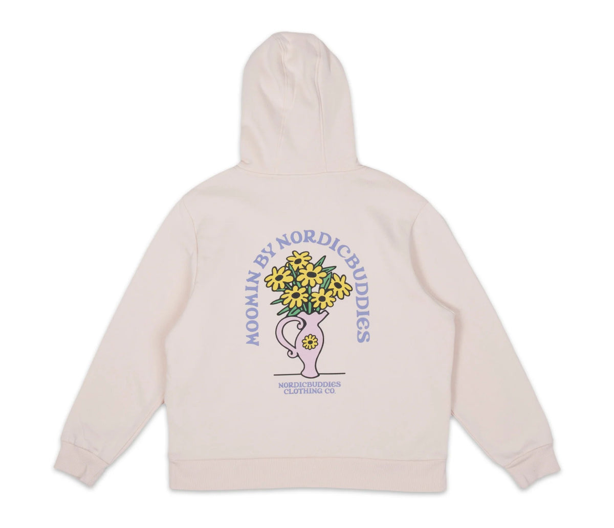 7. Back view of light pink Sniff Flower Bouquet Hoodie by Moomin, flat lay