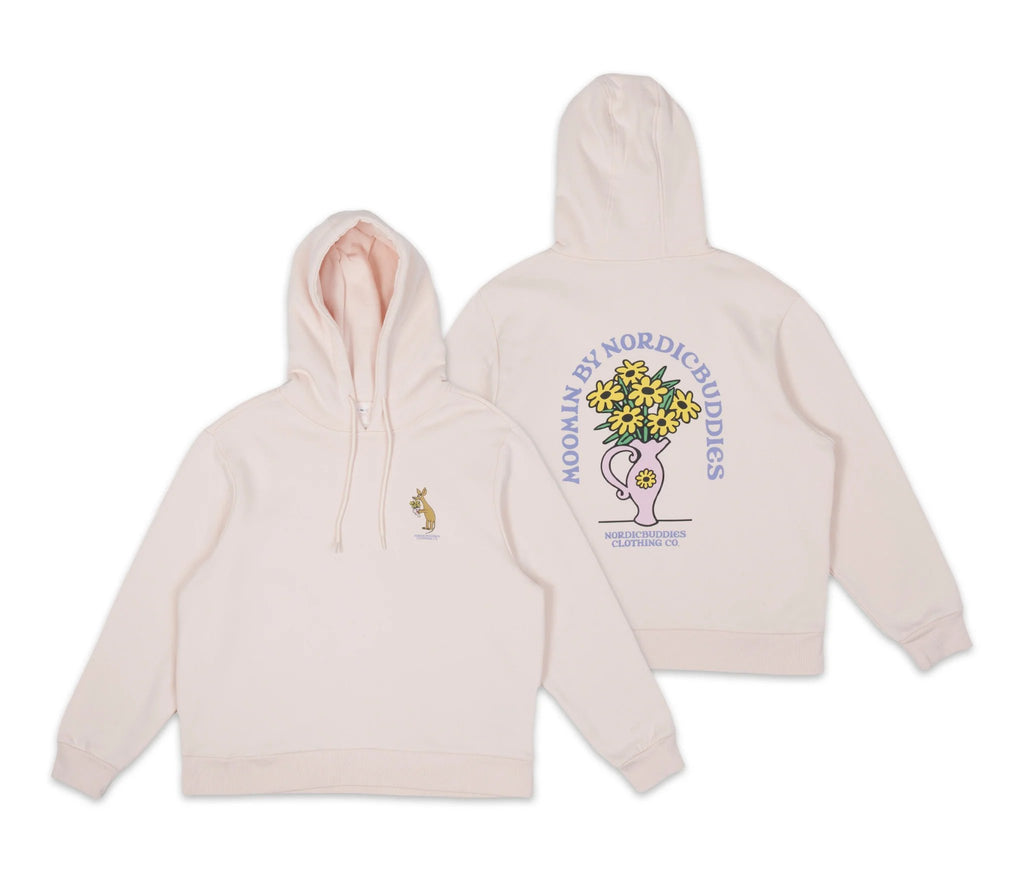 5. Front and back view of light pink Sniff Flower Bouquet Hoodie by Moomin, flat lay