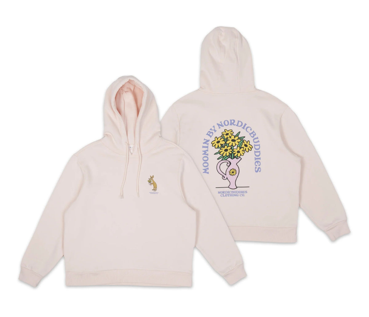 5. Front and back view of light pink Sniff Flower Bouquet Hoodie by Moomin, flat lay