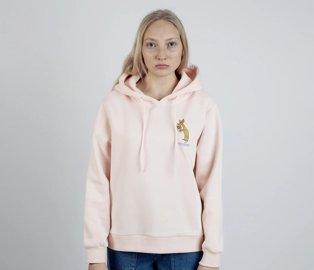1. Women's light pink Sniff Flower Bouquet Hoodie by Moomin, worn by model in studio setting
