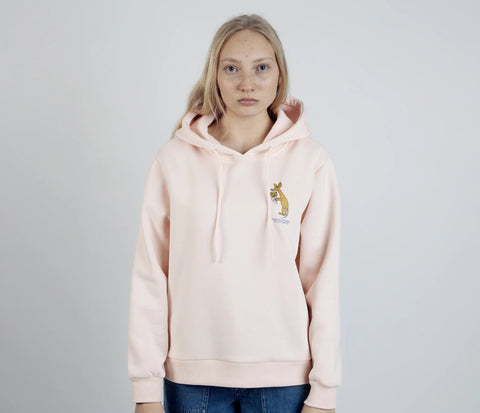 1. Women's light pink Sniff Flower Bouquet Hoodie by Moomin, worn by model in studio setting