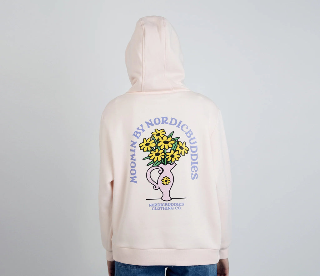 2. Back view of women's light pink Sniff Flower Bouquet Hoodie by Moomin, worn by model in studio