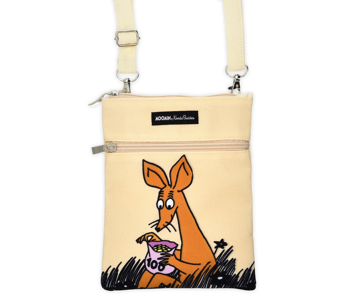 1. Moomin by NordicBuddies Sniff's Business Neck Bag in beige with Sniff illustration, featuring adjustable strap and secure zip closure, made of 100% polyester