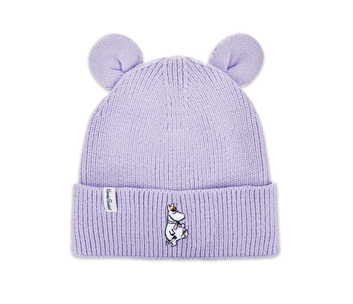 1. Kids' purple Snorkmaiden winter hat with ears by Moomin, featuring embroidered character and NordicBuddies branding, made from 100% acrylic