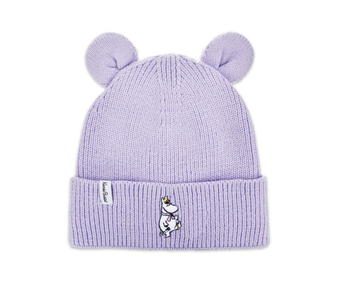 1. Kids' purple Snorkmaiden winter hat with ears by Moomin, featuring embroidered character and NordicBuddies branding, made from 100% acrylic