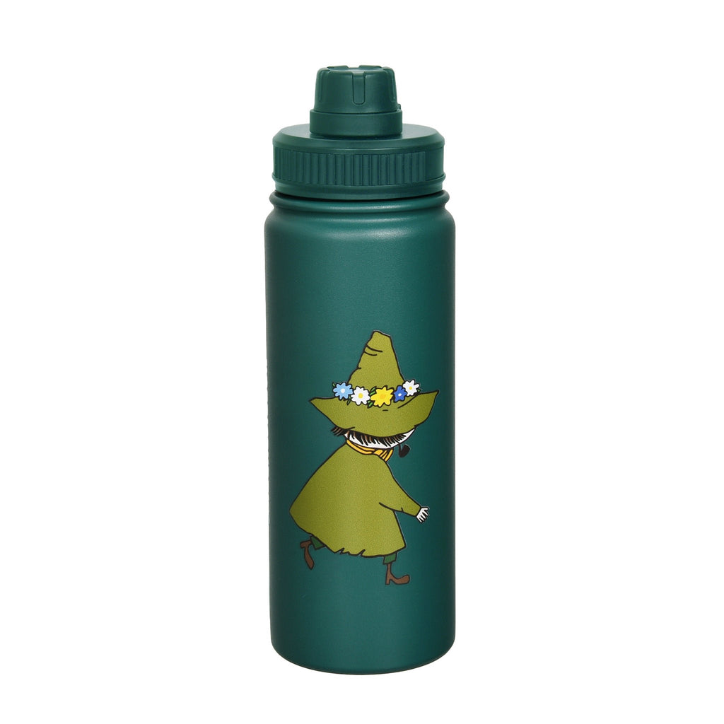 1. Snufkin Thermal Everyday Bottle by Moomin, green with Snufkin illustration, shown in studio