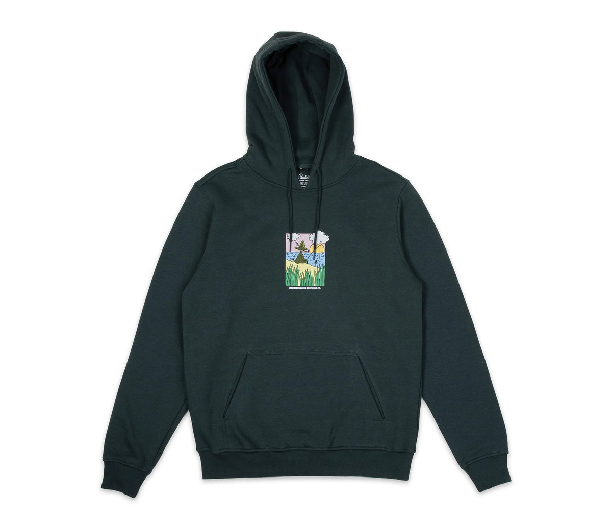6. Studio shot of dark green Snufkin Fishing Hoodie by Moomin, showing front design