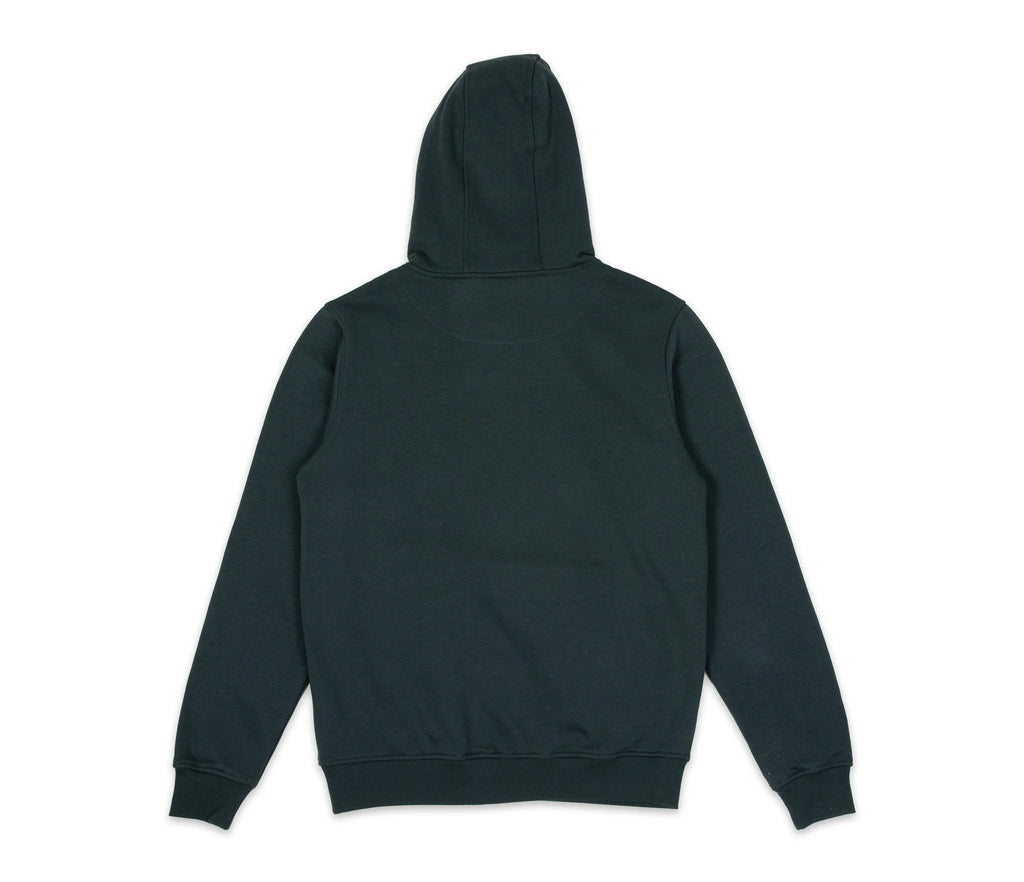 7. Studio shot of dark green Snufkin Fishing Hoodie by Moomin, showing back design