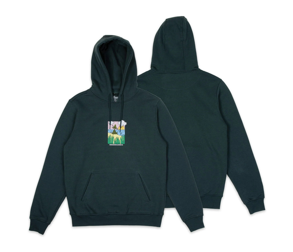 8. Flat lay of dark green Snufkin Fishing Hoodie by Moomin, showing front and back