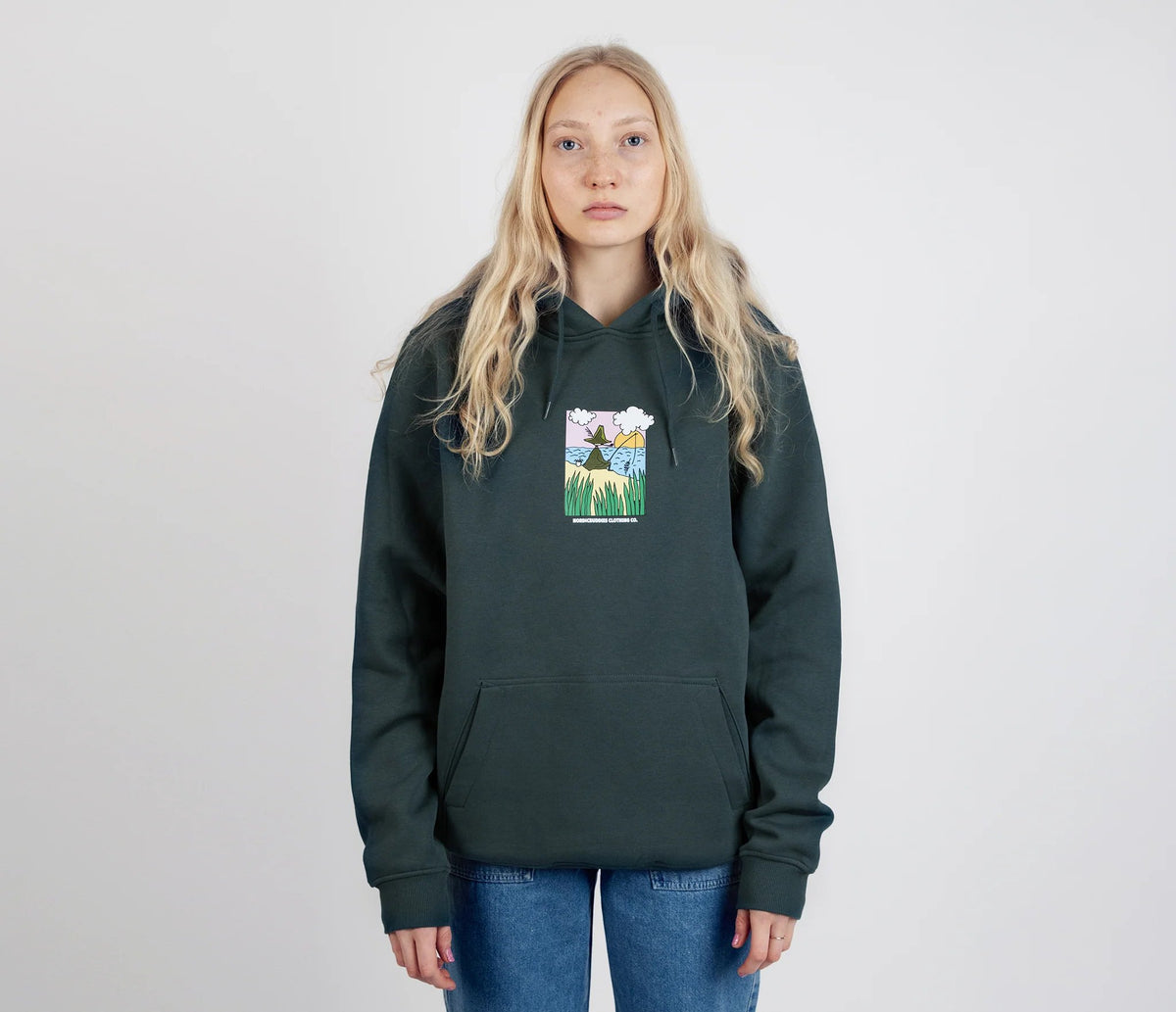 5. Women's dark green Snufkin Fishing Hoodie by Moomin, featuring front graphic, shown in studio