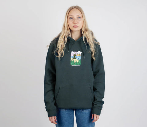 5. Women's dark green Snufkin Fishing Hoodie by Moomin, featuring front graphic, shown in studio
