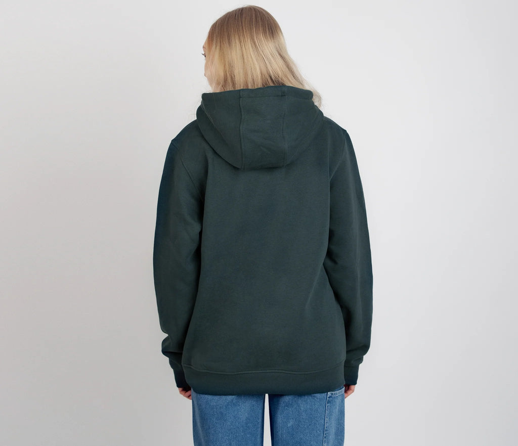 4. Back view of women's dark green Snufkin Fishing Hoodie by Moomin, shown in studio