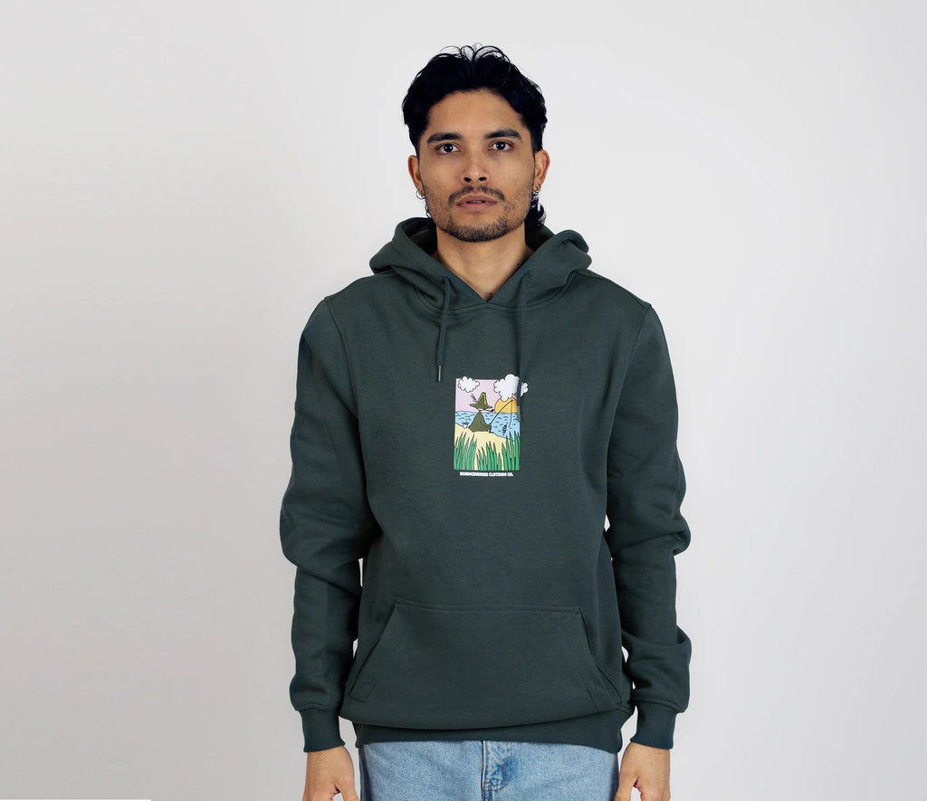 3. Men's dark green Snufkin Fishing Hoodie by Moomin, featuring front graphic, shown in studio