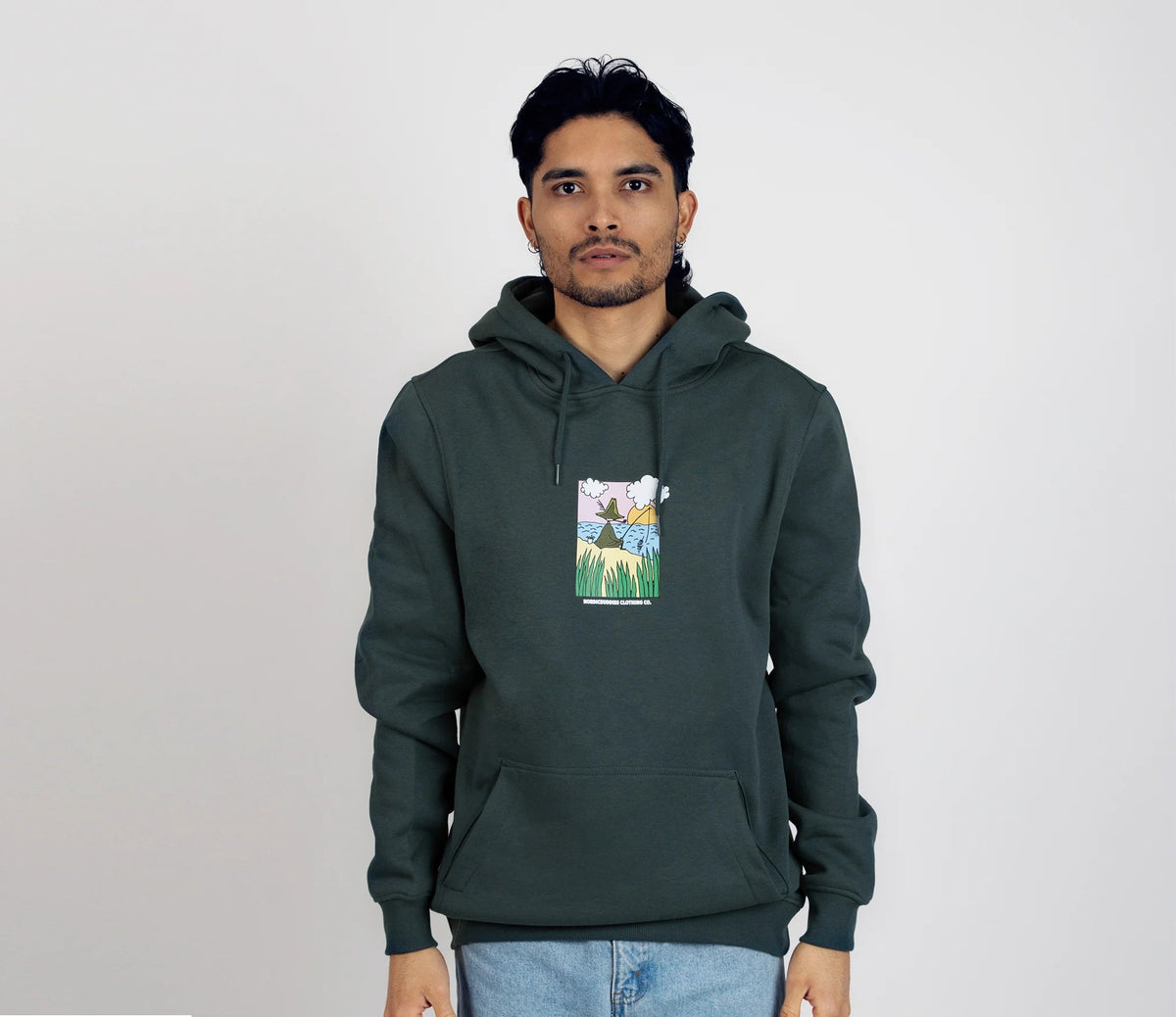 3. Men's dark green Snufkin Fishing Hoodie by Moomin, featuring front graphic, shown in studio