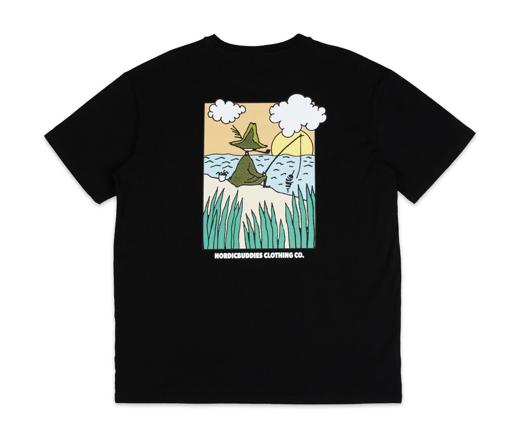 7. Close-up of Snufkin Fishing T-Shirt by Moomin, back graphic detail