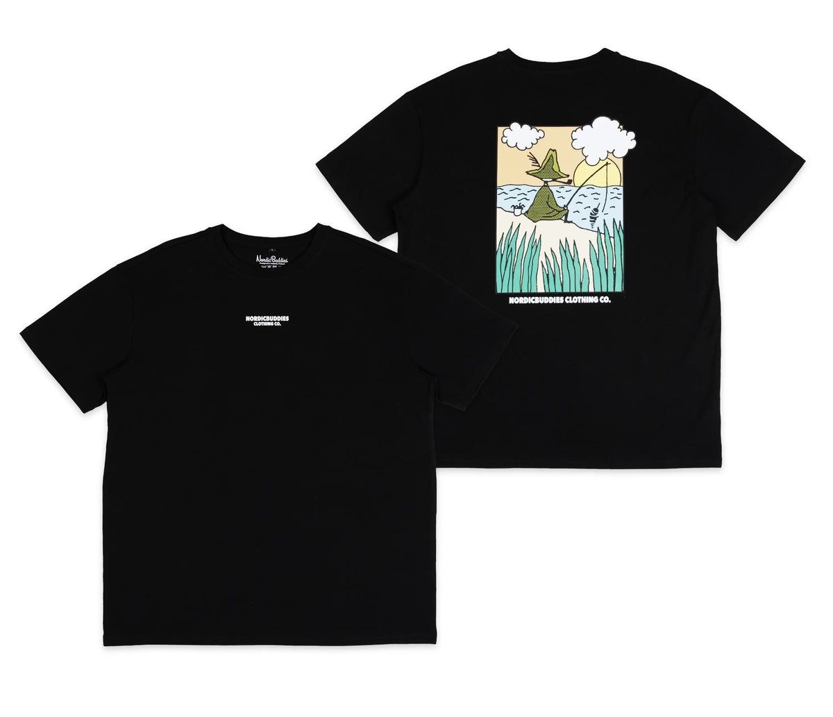 3. Flat lay of Snufkin Fishing T-Shirt by Moomin, front and back design with graphic and logo