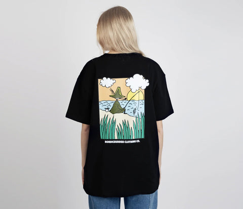 5. Women's Snufkin Fishing T-Shirt by Moomin, back view with colorful graphic, studio setting