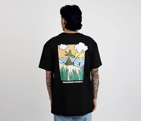 2. Men's Snufkin Fishing T-Shirt by Moomin, shown from the back with colorful graphic, studio setting
