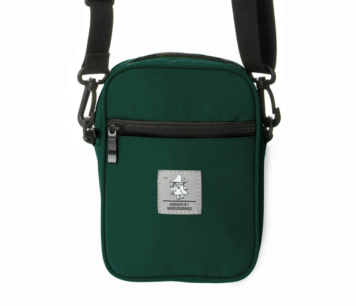 1. Green Snufkin Neck Bag Urban by Moomin, featuring front pocket and adjustable strap, studio shot
