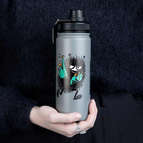 1. Stinky Thermal Everyday Bottle by Moomin held by a person, showcasing the playful design and practical handle