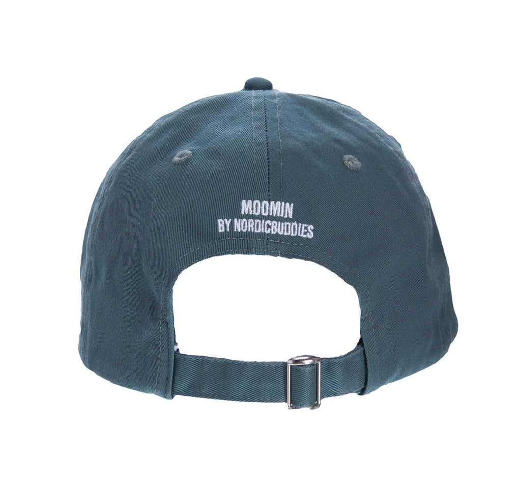 2. Back view of Stinky Adult Cap in green showing adjustable strap and Moomin by NordicBuddies branding