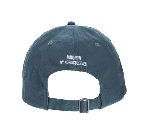 2. Back view of Stinky Adult Cap in green showing adjustable strap and Moomin by NordicBuddies branding
