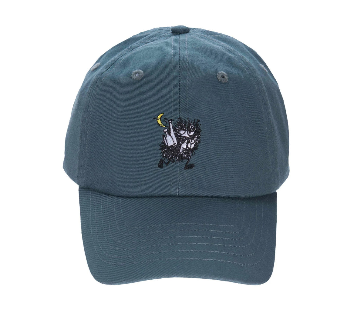 1. Stinky Adult Cap in vibrant green with Moomin character embroidery, front view, 100% cotton by NordicBuddies
