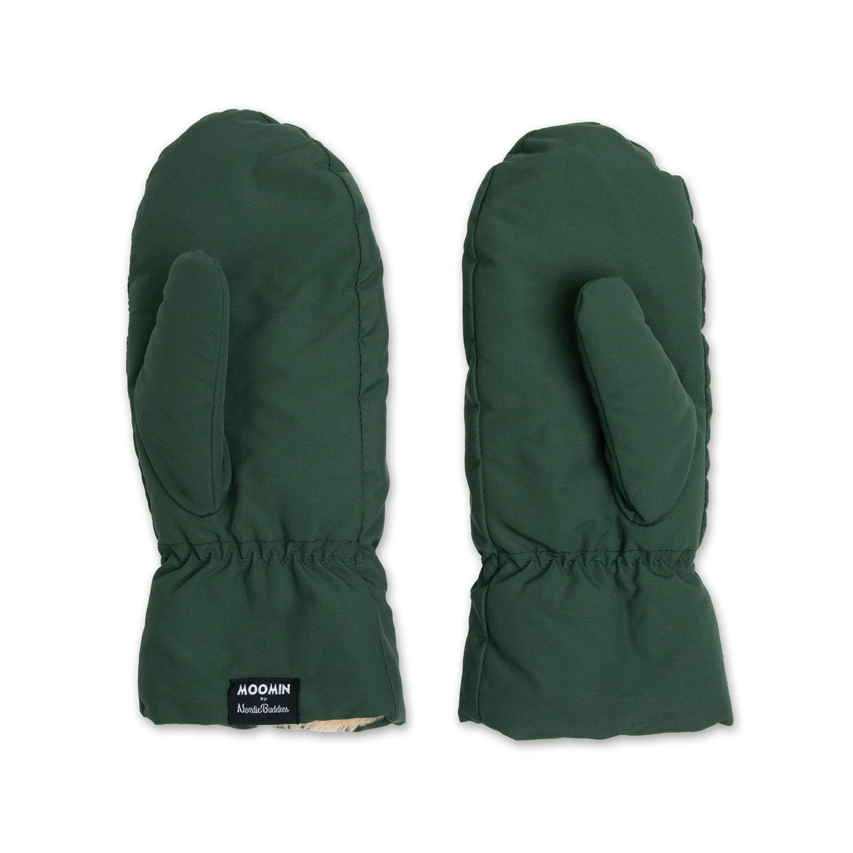3. Studio image of green Stinky Puffer Mittens by Moomin, showing back with brand label