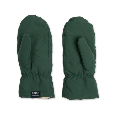 3. Studio image of green Stinky Puffer Mittens by Moomin, showing back with brand label