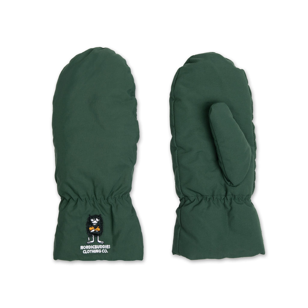 1. Green Stinky Puffer Mittens by Moomin, featuring NordicBuddies logo, shown in studio setting