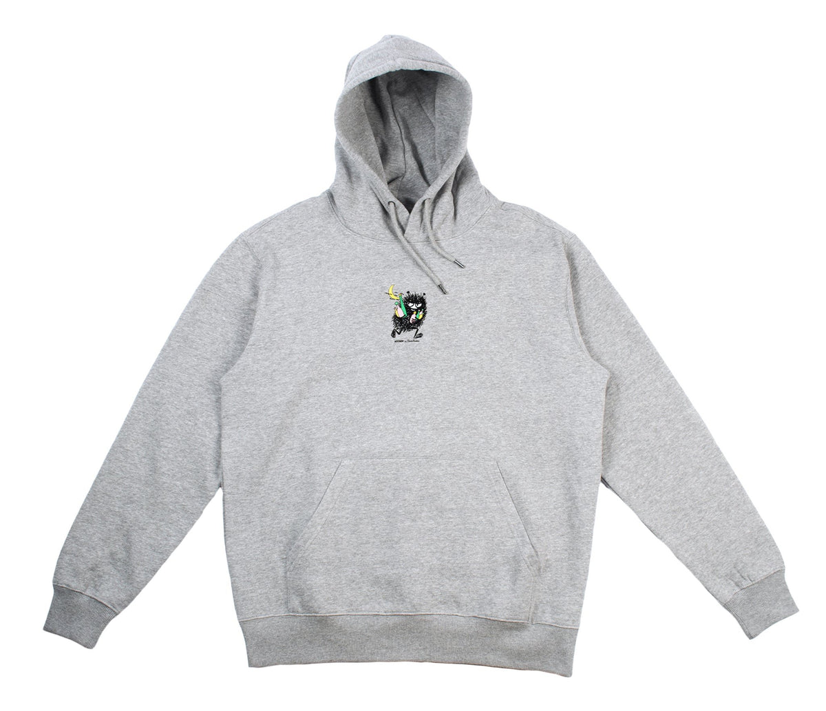 6. Studio shot of unisex grey Moomin hoodie showing front design