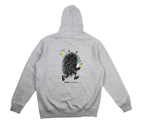 4. Back view of unisex grey Moomin hoodie with Stinky character design
