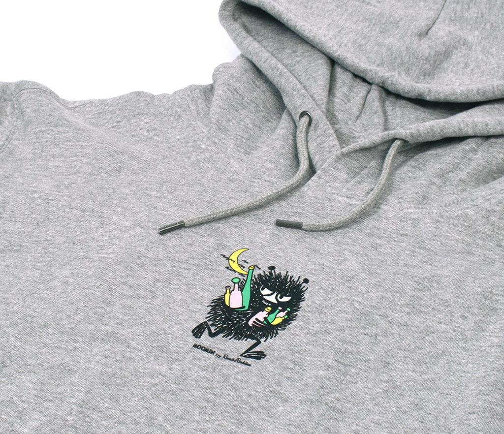 5. Close-up of front design on grey Moomin hoodie with Stinky character