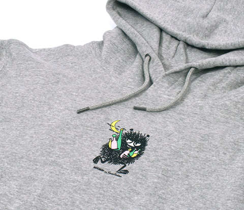 5. Close-up of front design on grey Moomin hoodie with Stinky character