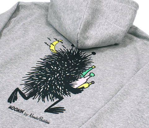 3. Close-up of back design on grey Moomin hoodie featuring Stinky character