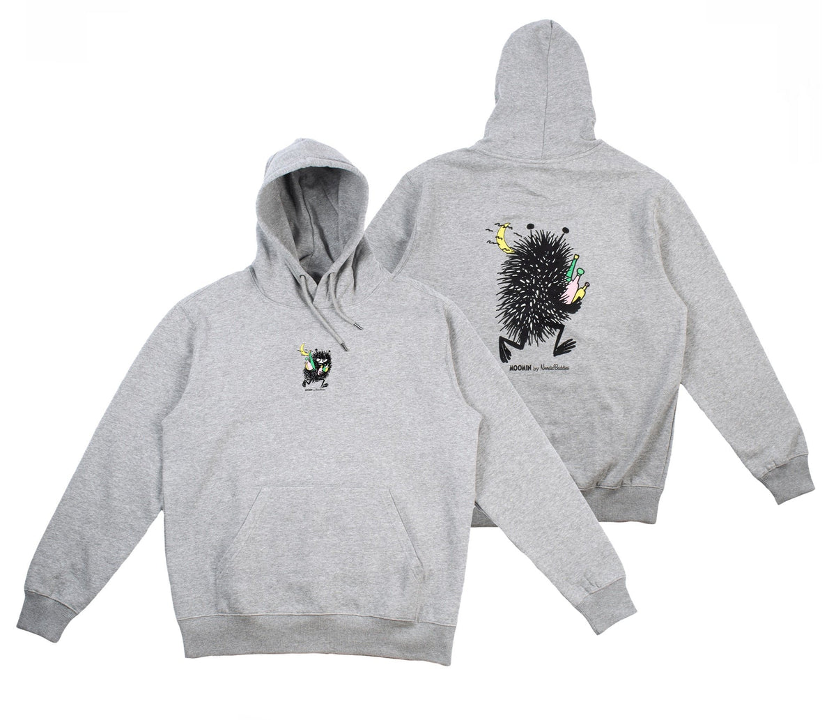 2. Studio image of unisex grey Moomin hoodie showing front and back design