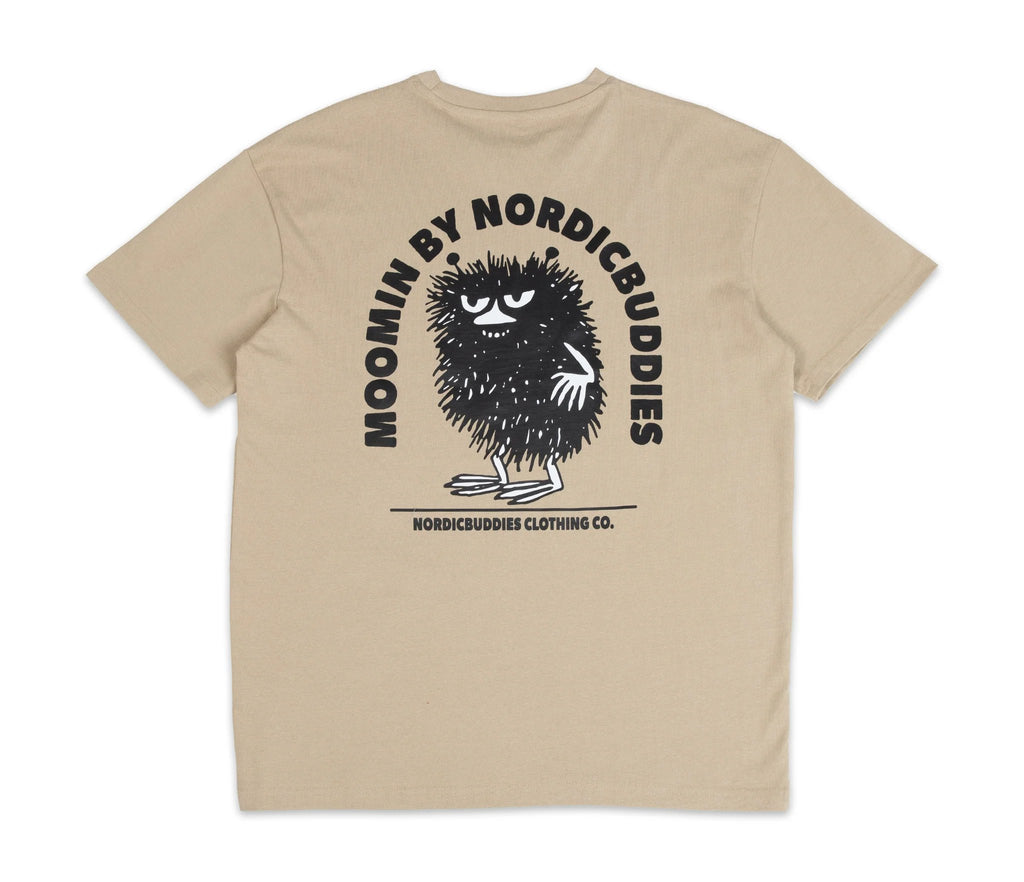 5. Flat lay of unisex Stinky Plotting T-Shirt by Moomin, back view with NordicBuddies logo