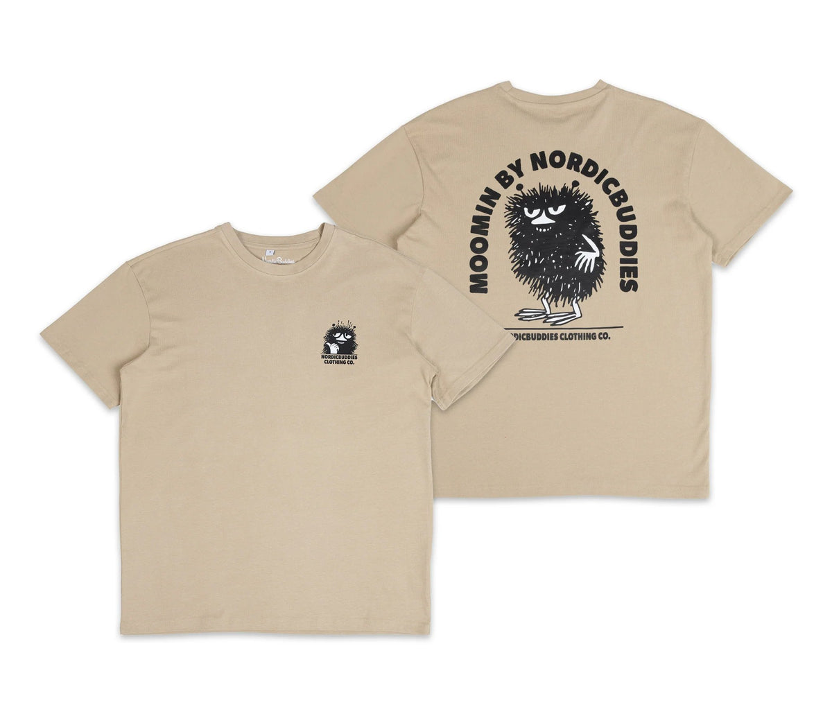 7. Flat lay of unisex Stinky Plotting T-Shirt by Moomin, front and back views with logos