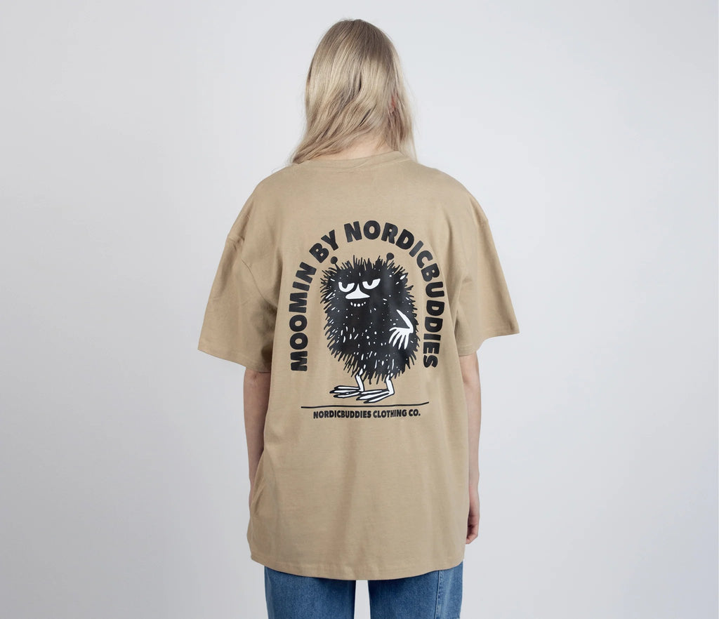 4. Women's unisex Stinky Plotting T-Shirt by Moomin, back view with NordicBuddies logo in studio