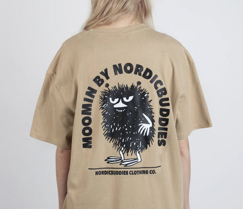 1. Women's unisex Stinky Plotting T-Shirt by Moomin, shown from the back with NordicBuddies logo in studio