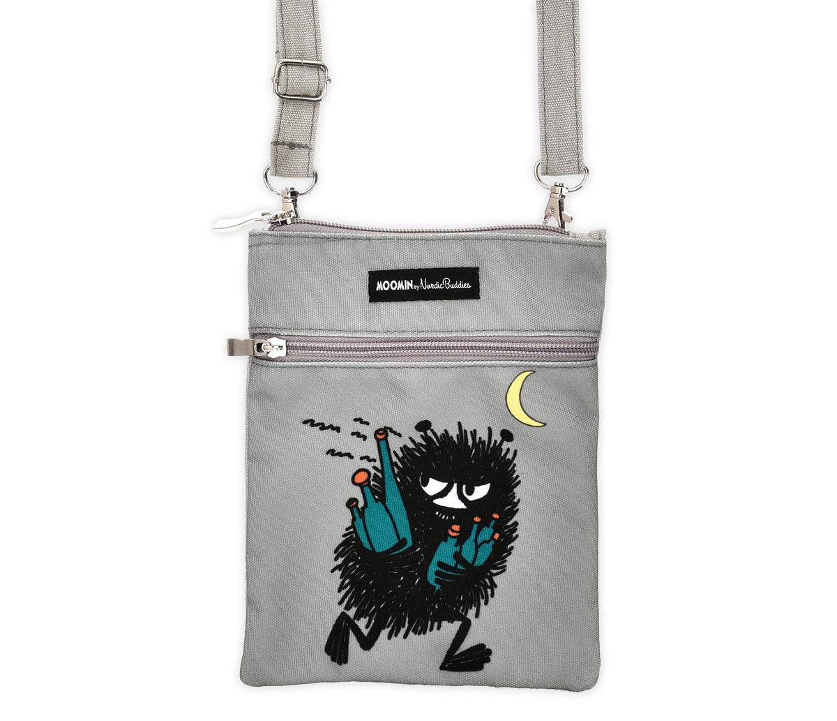 1. Moomin by NordicBuddies Stinky's Getaway Neck Bag in grey, featuring playful Stinky character design, adjustable strap, and compact polyester construction, shown in studio setting