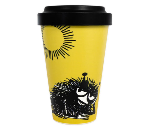 1. Sunshine Stinky Take Away Mug by Moomin, featuring a playful Stinky character and sun design on a yellow background with a black lid, made of biodegradable PLA