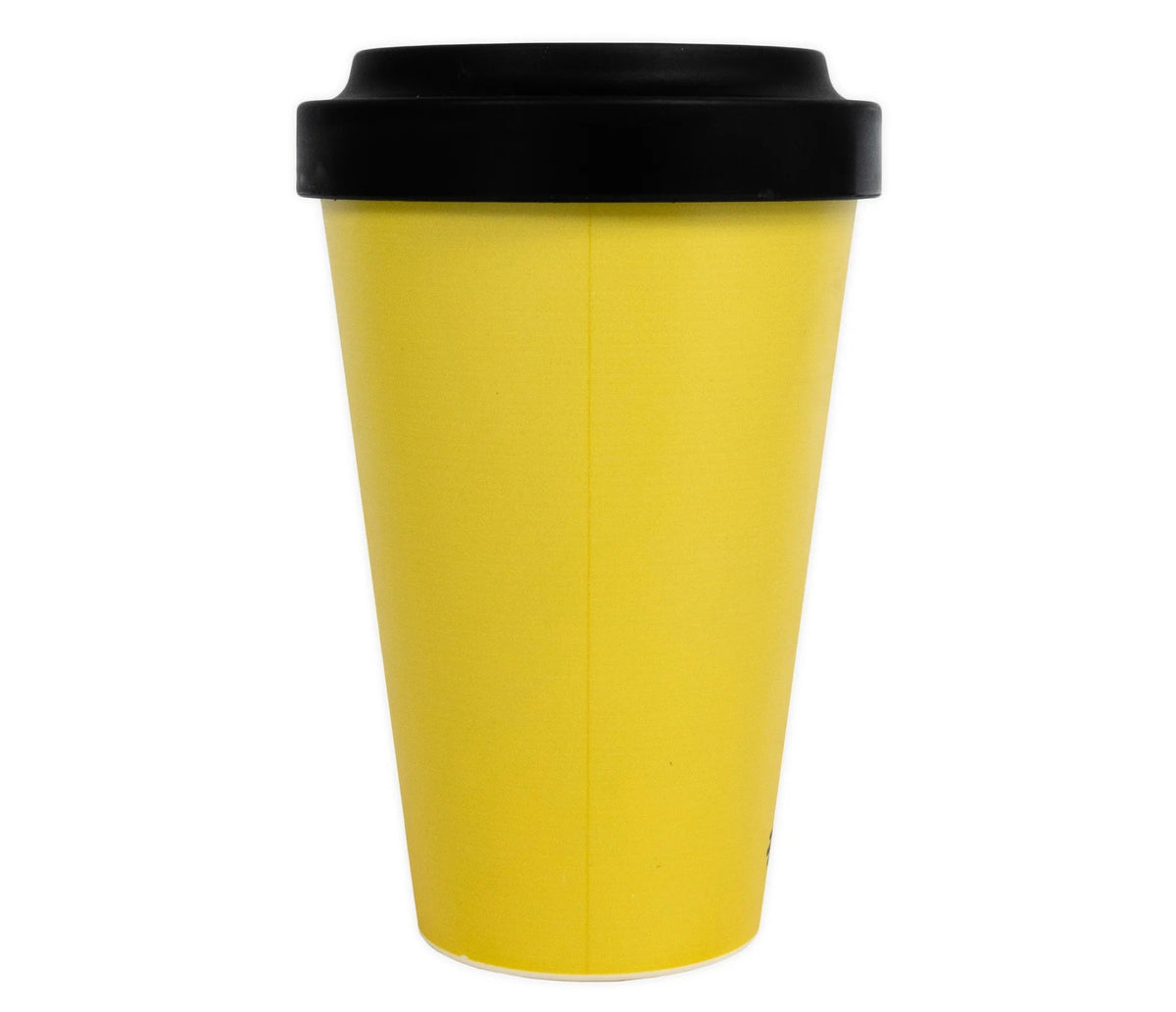 2. Sunshine Stinky Take Away Mug by Moomin, shown in studio with a plain yellow design and black lid, made of eco-friendly PLA