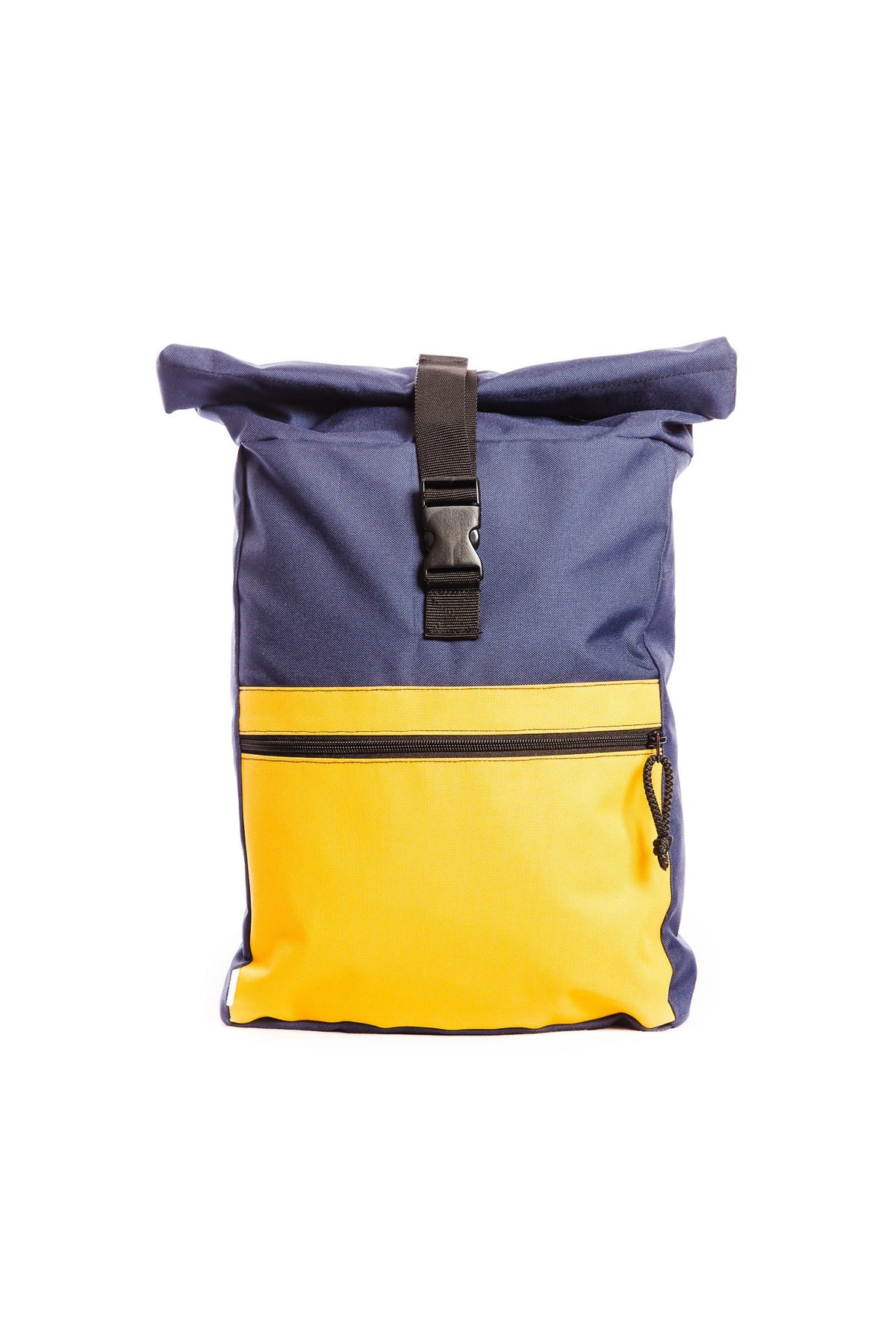 1. Drinbags SUNRISE waterproof backpack in navy and yellow with roll-top closure, shown in studio