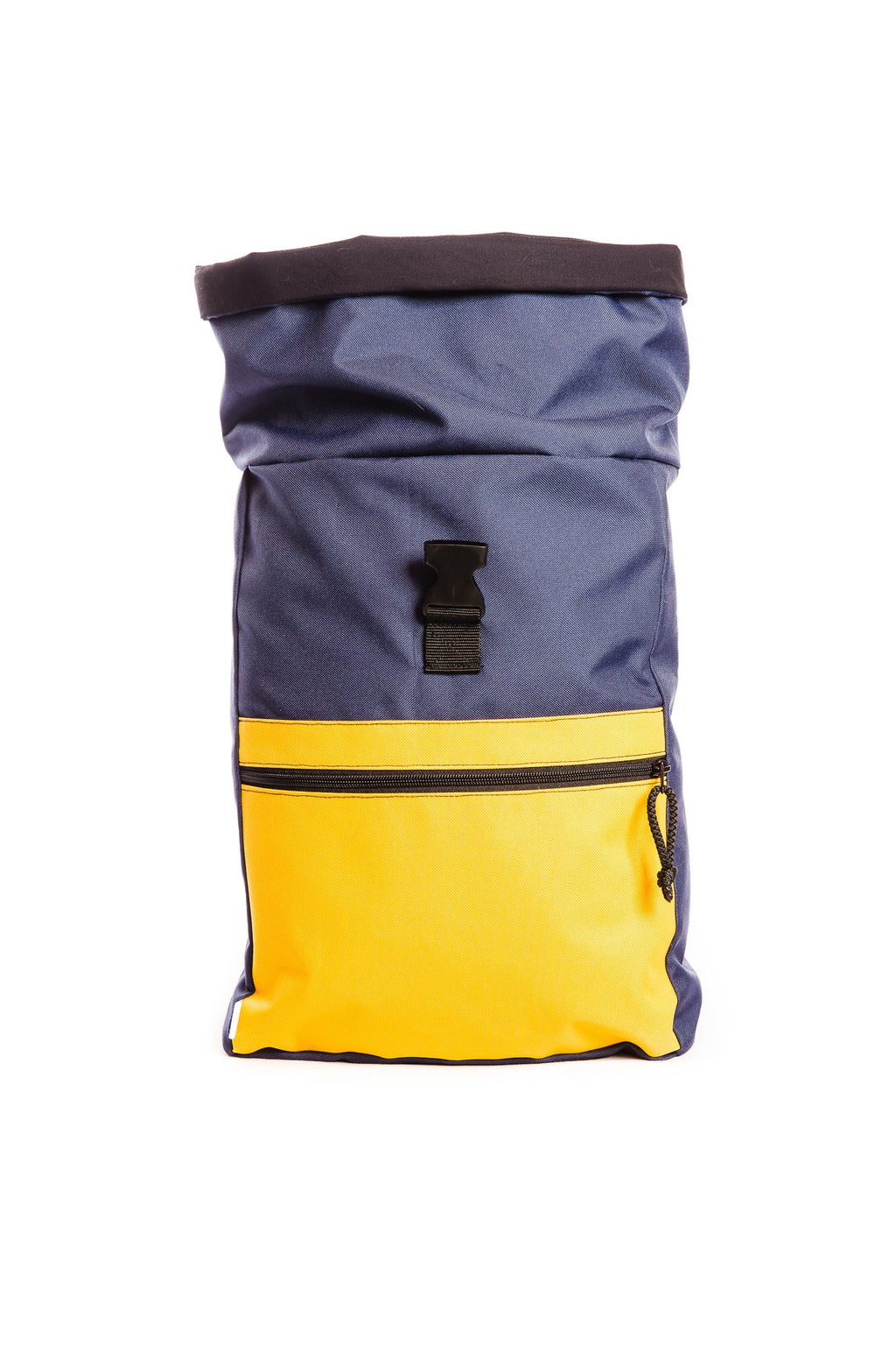 2. Drinbags SUNRISE waterproof backpack in navy and yellow, front view with zippered pocket