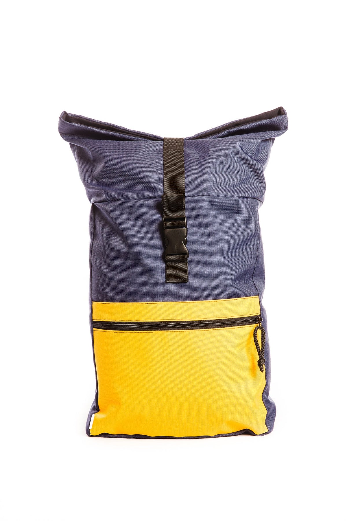 3. Drinbags SUNRISE waterproof backpack in navy and yellow, highlighting adjustable roll-top