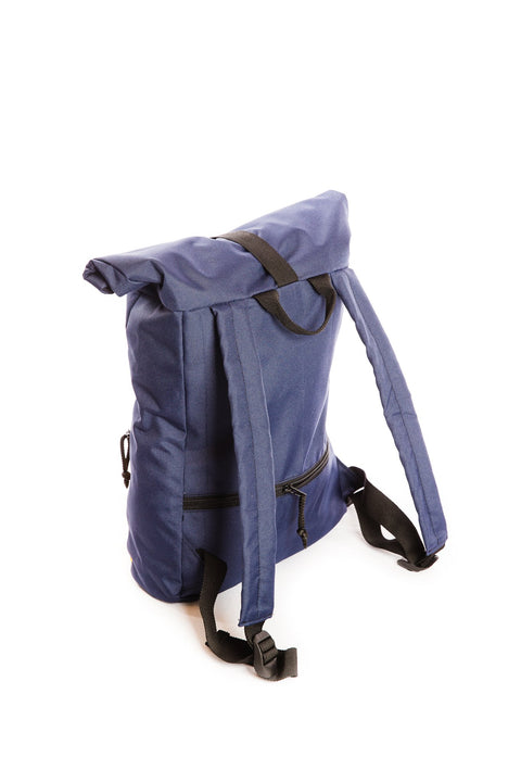 4. Back view of Drinbags SUNRISE waterproof backpack in navy, showing padded shoulder straps