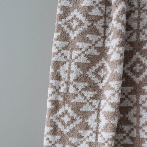 3. Close-up of beige and white Harju County mitten pattern on soft terry sauna towel