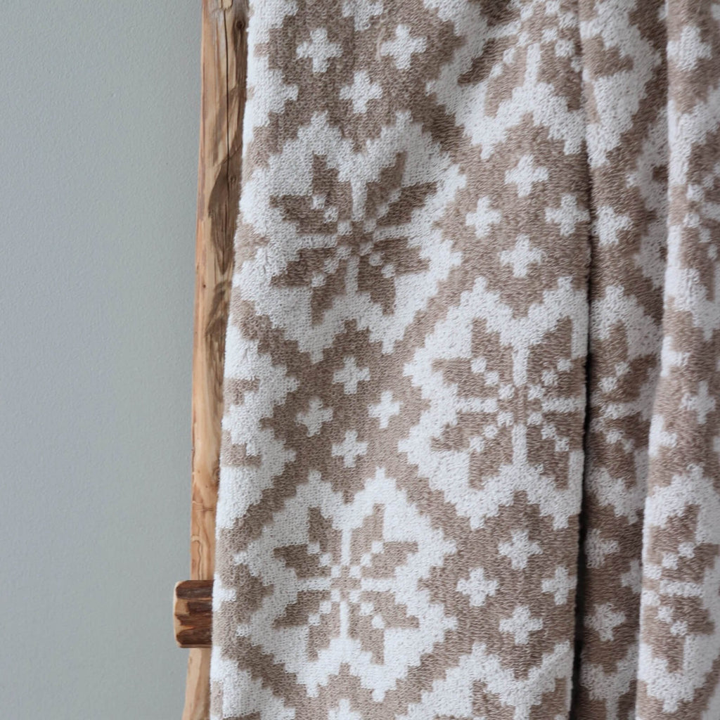 3. Close-up of beige and white Viljandi County mitten pattern on soft terry sauna towel