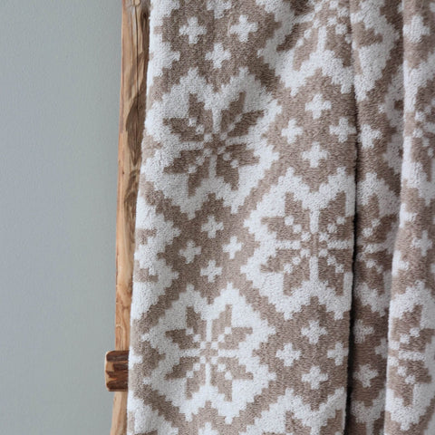 3. Close-up of beige and white Viljandi County mitten pattern on soft terry sauna towel